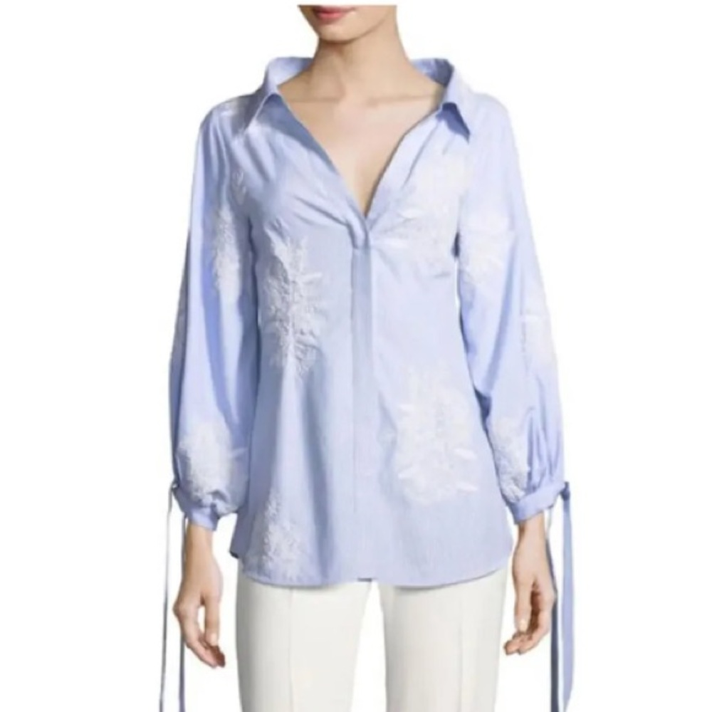 Alice + Olivia Toro Embroidered Pinstripe Blue Button Up Shirt Size M